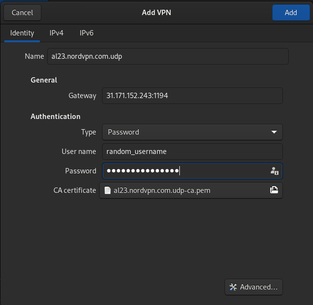 A Sample of GNOME when trying to add a VPN
